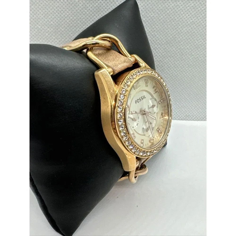 Fossil Riley ES3466 Women's Rose Gold-Tone Sand Leather Analog Dial Watch JNA310